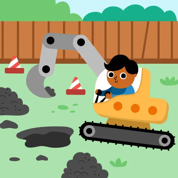 Vector illustration of Vector road work landscape illustration. Scene with kid driver in crawler digger repairing track or digging a hole. Cute repair service or construction site square background with funny vehicle