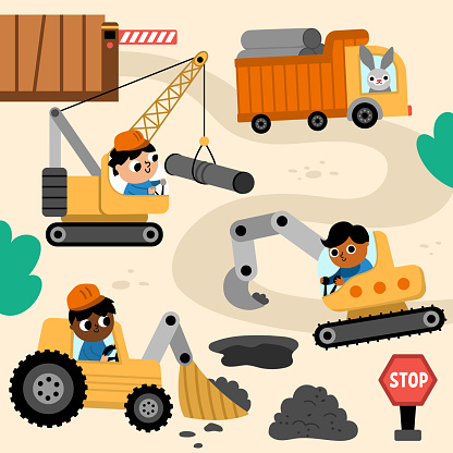 Vector construction site landscape illustration. Scene with kid drivers in tractor, truck, crawler digger, crane building or repairing track. Repair service, road work square background with funny vehicles