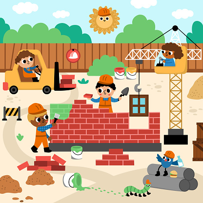 Vector construction site landscape illustration. Scene with kid workers building a brick house. Square background with funny builders, painters, animals and bird, lifting crane, vehicles