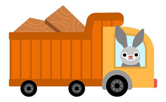 Vector wood loaded truck with rabbit driver. Construction site and road work flat icon with funny woodland animal. Building transportation clipart. Cute special transport illustration