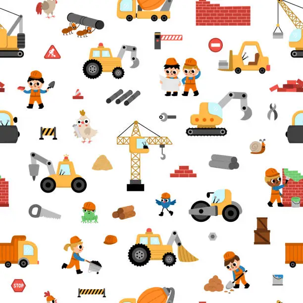 Vector illustration of Big vector construction site, road work seamless pattern. Building repeat background with kid builders, transport, bulldozer, tractor, truck, crawler crane, animals. Cute repair service digital paper