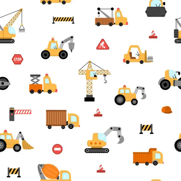Vector illustration of Vector special transport seamless pattern. Construction site, road work, building transport repeat background with bulldozer, tractor, truck. Cute digital paper with repair service vehicles