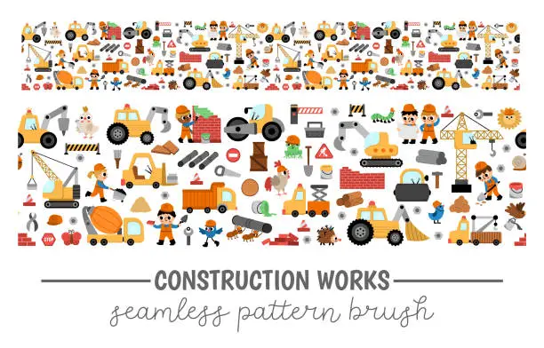 Vector illustration of Big vector construction site, road work seamless pattern brush. Cute repair service or building repeat boarder with kid builders, transport, bulldozer, tractor, truck, crawler crane, animals