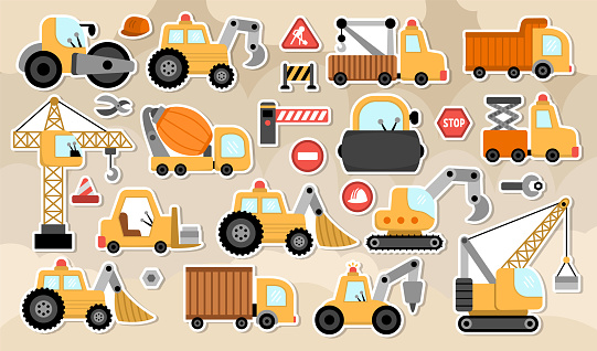 Big vector special transport stickers set. Construction site, road work, building transport icons with bulldozer, tractor, truck, crawler crane, digger, concrete mixer. Cute repair service vehicles