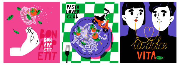 World pasta day poster set. Collection of abstract banners with characters eating spaghetti. Traditional Italian food. Cafe menu design. Cartoon flat vector illustrations isolated on white background