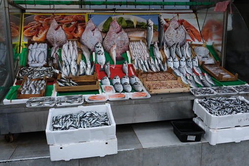 Dried cod on market stall in Central market place in Sao Paulo, Brazil