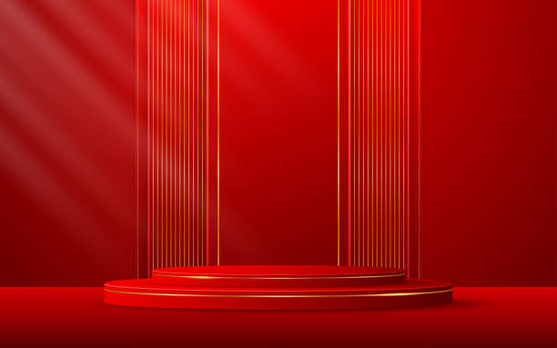 istock Red podium with red stripes with elegant gold lines on the back for product presentation 2143443591