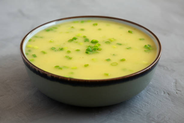 istock Homemade Potato Leek Soup in a Bowl on a gray background, side view. 2143449655