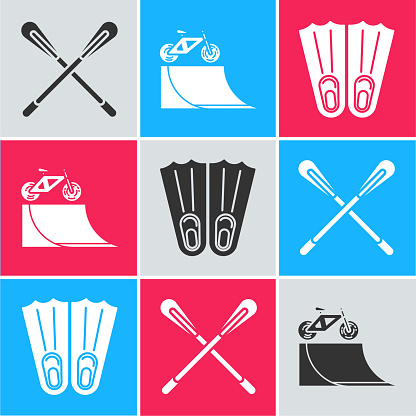 Set Crossed paddle, Bicycle on street ramp and Rubber flippers for swimming icon. Vector