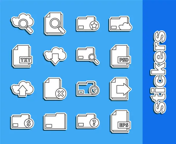 Vector illustration of Set line EPS file document, Next page arrow, PSD, Document folder with star, Cloud download, TXT, Search cloud computing and concept icon. Vector