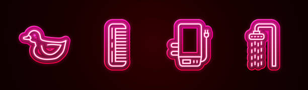 istock Set line Rubber duck, Hairbrush, Electric boiler and Shower. Glowing neon icon. Vector 2143462808