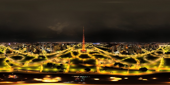 360 aerial photo taken with drone of Torre de TV de Brasília at night