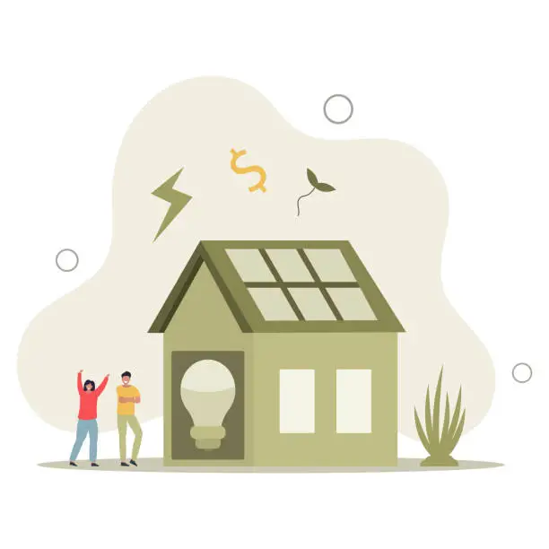 Vector illustration of Characters reduce energy consumption at home, unplug appliances and use energy saving light bulb.flat vector illustration