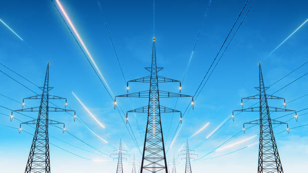 istock 3D Render Of Power Transmission Lines with 3D Digital Visualization of Electricity. Fantastic Visuals of Night Sky Full of Bright Stars. Renewable Green Energy Powering Human Progress Everywhere 2143486825