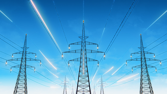 3D Render Of Power Transmission Lines with 3D Digital Visualization of Electricity. Fantastic Visuals of Night Sky Full of Bright Stars. Renewable Green Energy Powering Human Progress Everywhere