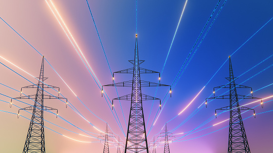 3D Render Of Power Transmission Lines with Digital Visualization of Electricity. Blue Skay and Clean Unpolluted Air for the Future. Concept of Renewable Green Clean Energy Leading to Bright Future.