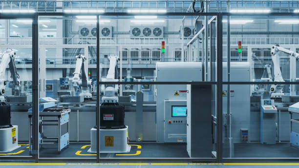 3D Render Of Robotic Arm Conveyor Line Manufacturing Industrial Electronic Devices. Advanced Automated AI Assembly Line Producing High Tech Products for the Information Technology Industry.