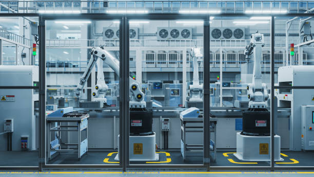 istock 3D Render Of Robotic Arm Conveyor Line Manufacturing Industrial Electronic Devices. Advanced Automated AI Assembly Line Producing High-Tech Products for the Information Technology Industry. 2143487364