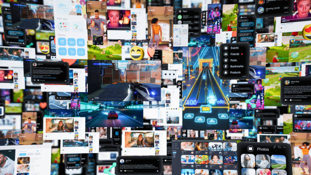 istock 3D Render: Digital Background with Different Online Services. Demonstration of Messenger Apps, Dating Profiles, Game Streams, Entertainment Viral Videos All Connected in Social Network Visualization 2143489482