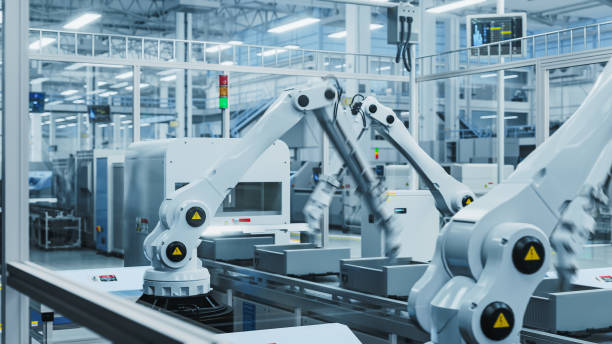 istock 3D Render: Electronic Components Manufacturing Facility: Automated Robotic Arm Assembly Line Producing Advanced High-Tech Sustainable Parts for Construction Industry, Machinery, Information Technology 2143490024