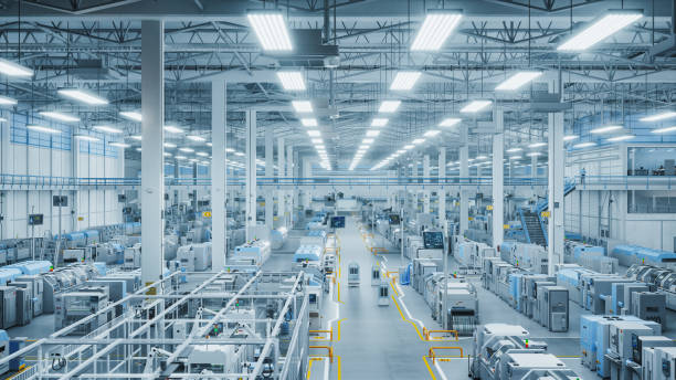 istock 3D Render: Modern Manufacturing Plant with Advanced Robotic Arms Operating on an Assembly Line with Electronic Components Moving on Conveyor Belts. Elevated Top Angle Shot Of Advanced Facility. 2143490032
