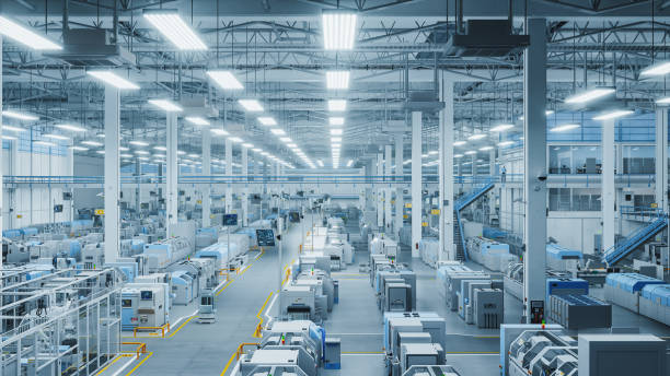istock 3D Render: Modern Manufacturing Plant with Advanced Robotic Arms Operating on an Assembly Line with Electronic Components Moving on Conveyor Belts. Elevated Top Angle Shot Of Advanced Facility. 2143490541