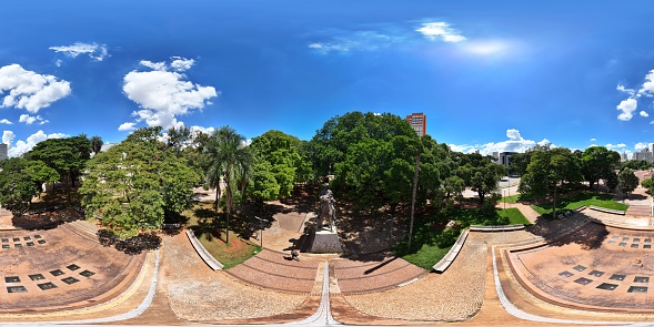 360 aerial photo taken with drone of Monumento homenagem a Pedro Ludovico Teixeira in Praça Dr. Pedro Ludovico Teixeira