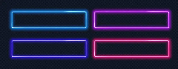 Vector illustration of Neon rectangle colored frame. Neon lights horizontal sign. Geometric glow shape with copy space.