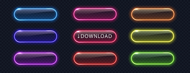 Glowing neon buttons for web design isolated on dark background. Realistic light frame border collection for web design, app, game and interface.