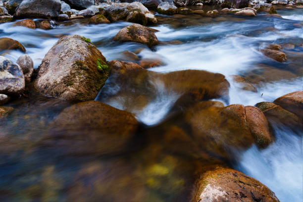 Detail of a mountain stream, shot taken with intentional motion blur