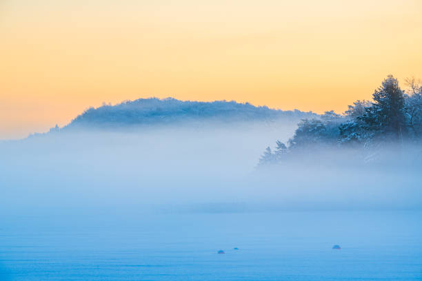 A mist-covered lake reflecting the early morning light, with trees lining the shore and disappearing into the foggy distance. The serene scene is shrouded in a mystical haze, creating a sense of tranquility and mystery.
