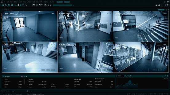Surveillance Camera CCTV Footage, Multiple Screens Show Inside Building, Unrecignizible People Walk. High-Tech Security and Data Protection Mockup. Screen Replacement Template for Computer Displays