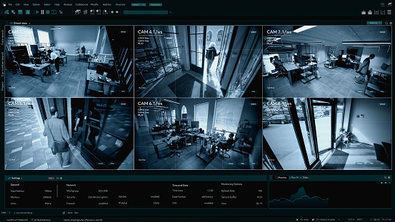 Surveillance Camera CCTV Footage, Multiple Screens Show People working in the Office. High-Tech Security and Data Protection Mockup. Screen Replacement Template for Computer Displays