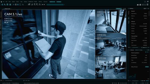 istock Surveillance Camera CCTV Footage, Multiple Screens Show Postal Package Delivery into the Office. High-Tech Security and Data Protection Mock-up. Screen Replacement Template for Computer Displays 2143508127