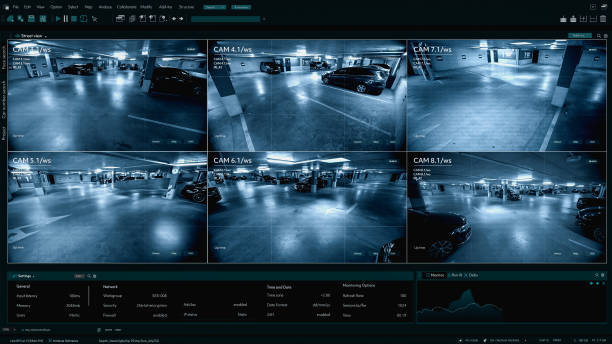istock Surveillance Camera CCTV Footage, Multiple Screens Show Secure Underground Garage. High Tech Security and Data Protection Mock-up. Screen Replacement Template for Computer Displays 2143508173