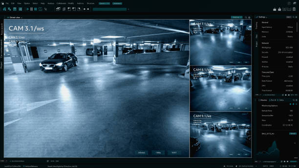 istock Surveillance Camera CCTV Footage, Multiple Screens Show Secure Underground Garage. High-Tech Security and Data Protection Mock-up. Screen Replacement Template for Computer Displays 2143508179
