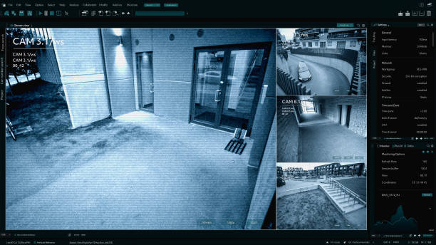 istock Surveillance CCTV Camera, Multiple Screens Show Secure Outside Residential Building Block with Crime Protected Safe Space. Security Screen Replacement Template for Computer Displays 2143508688