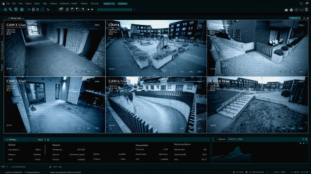 istock Surveillance CCTV Camera, Multiple Screens Show Secure Outside Residential Building Block with Crime Protected, Car driving into Garage. Security Screen Replacement Template for Computer Displays 2143508695