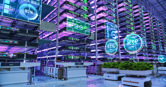 Vertical Farming Facility with Automated Robots: Vehicles Transporting Sustainably Grown Organic Vegetables. Digital Visualization with Stats and Analytics for AI Controlled Complex Hydroponics System