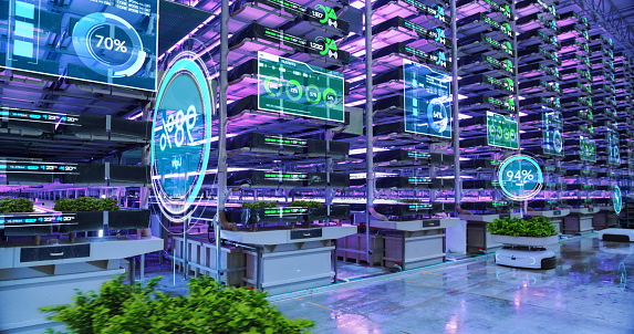 Vertical Farming Facility with Automated Robots: Vehicles Transporting Sustainably Grown Organic Vegetables. Digital Visualization with Stats and Analytics for AI Controlled Hydroponics System