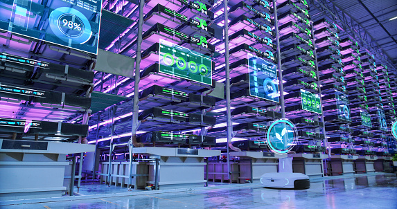 Vertical Farming Facility with Automated Robots: Vehicles Transporting Sustainably Grown Organic Vegetables. Digital Visualization with Stats, Analytics for AI Controlled Complex Hydroponics System