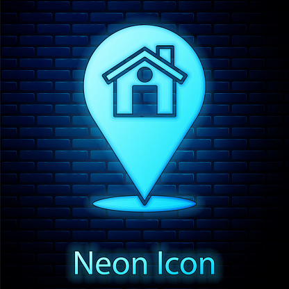 Glowing neon Map pointer with house icon isolated on brick wall background. Home location marker symbol. Vector.