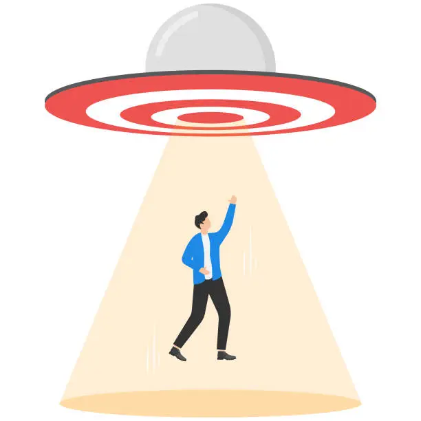 Vector illustration of UFO target are sucking people into the spacecraft
