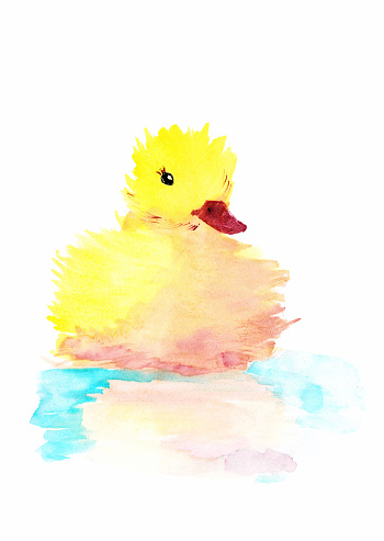 Little yellow duck swimming. Watercolor abstract illustration