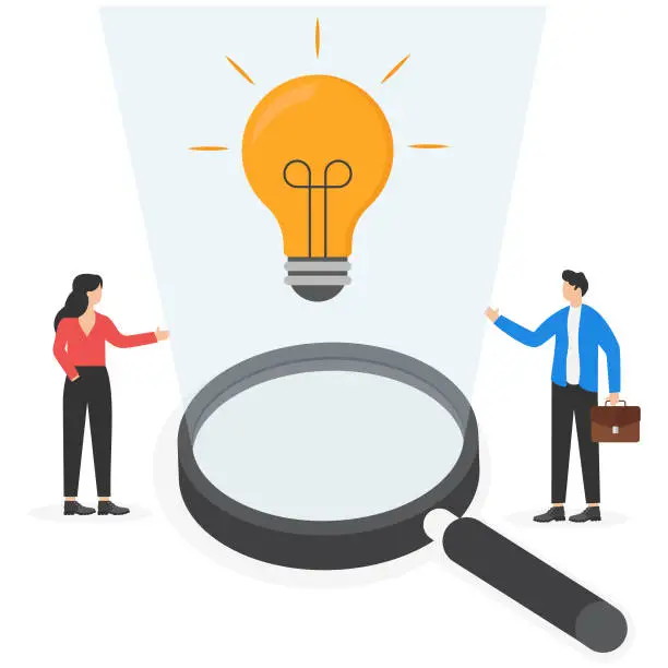 Vector illustration of Business insights intelligence information for competitive advantage and win competition, discover business outlook concept, business people team looking at lightbulb floating from magnifying glass.