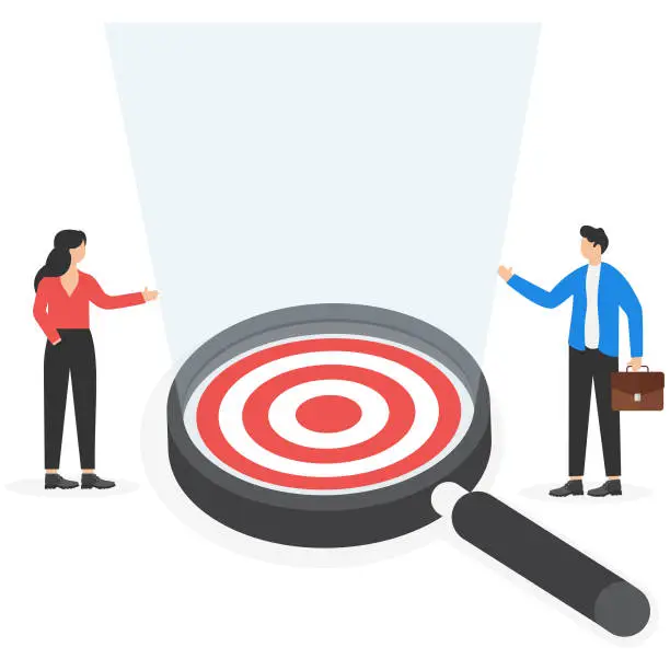 Vector illustration of Focus on business target. aiming at target concept. Target board inside magnifier glass for focus business. Illustration