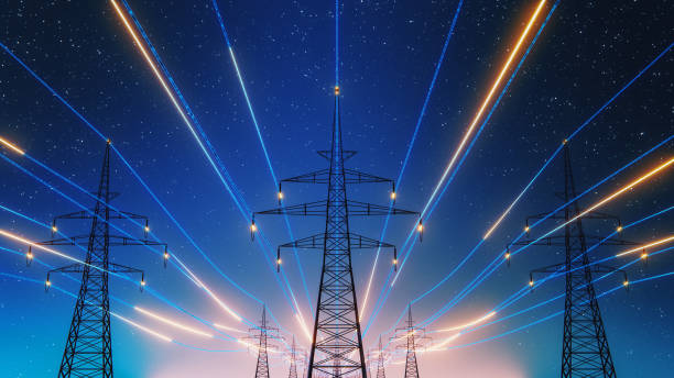 istock 3D Render Of Power Transmission Lines with 3D Digital Visualization of Electricity. Fantastic Visuals of Night Sky Full of Bright Stars. Concept of Renewable Green Energy Powering Human Progress. 2143539716