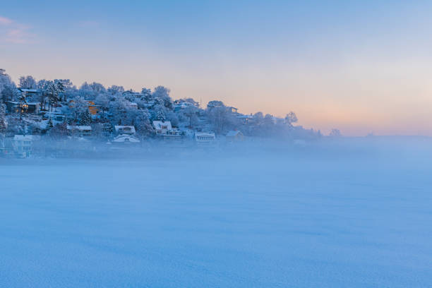 A frozen lake in the foreground with several houses dotting a hill in the distance. The snow-covered landscape is cold and serene, with mist adding a touch of mystery to the scene.