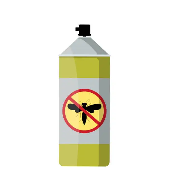 Vector illustration of Aerosol, cylinder. Destruction of insects flies, mosquitoes, wasps. Harmful insects, home hygiene. Malaria control concept. Poisonous toxic insect repellent.