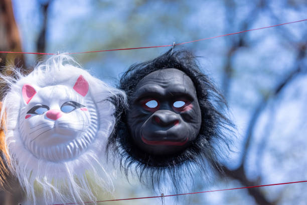 Handmade face mask of animal painted with colours on display for sale.